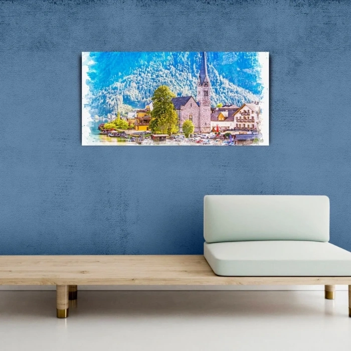 USLUCAN ALIŞVERİŞ Dağ ve göl temalı Kasaba Yağlıboya Görünümlü Kanvas Tablo 60 x 120