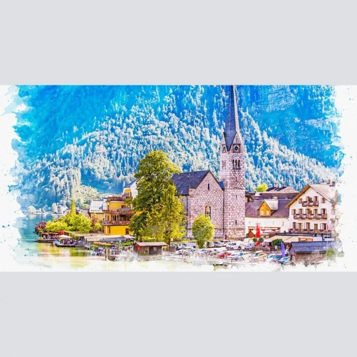 USLUCAN ALIŞVERİŞ Dağ ve göl temalı Kasaba Yağlıboya Görünümlü Kanvas Tablo 60 x 120