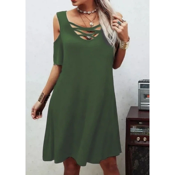 USLUCAN ALIŞVERİŞ Dekolteli Bağcık Detay Viskon Kumaş Elbise