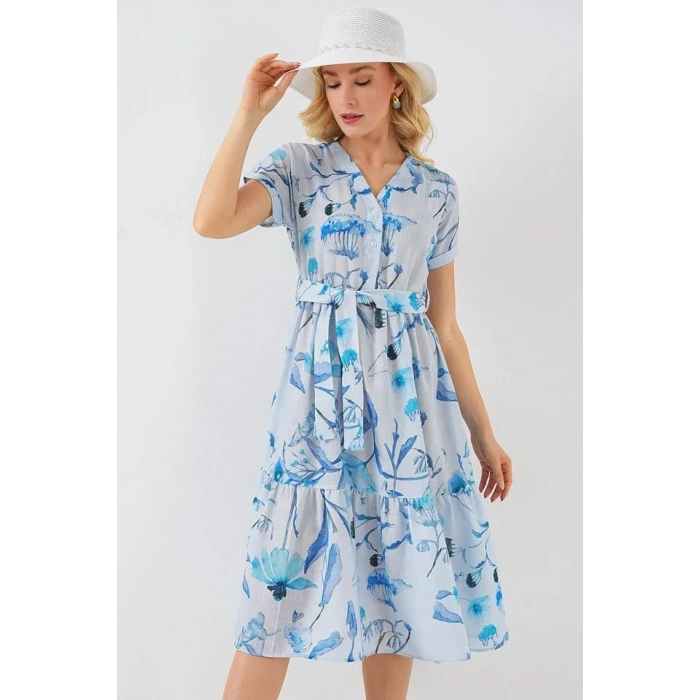USLUCAN ALIŞVERİŞ Desenli Kısa Kol Elbise 2558 - Mavi