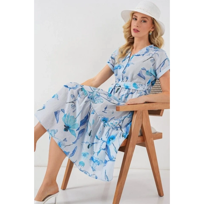 USLUCAN ALIŞVERİŞ Desenli Kısa Kol Elbise 2558 - Mavi