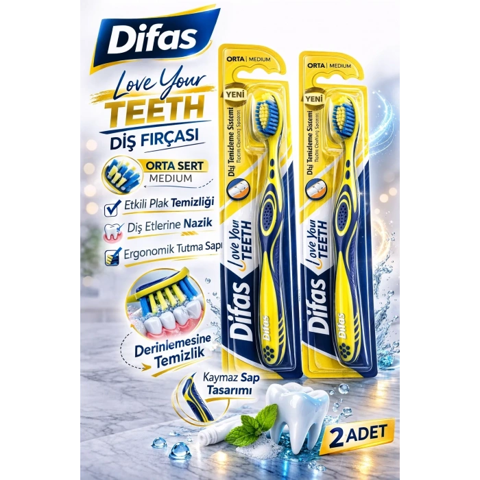 USLUCAN ALIŞVERİŞ Difaş Love Your Teeth Diş Fırçası 2 Adet Orta Sert Medium Ergonomik Saplı Manuel Diş Fırçası