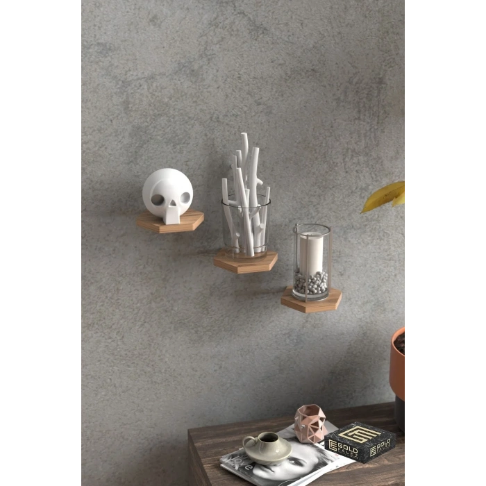 USLUCAN ALIŞVERİŞ Duvar Rafı Dekoratif 3 Adet Çiçeklik Altıgen Ceviz