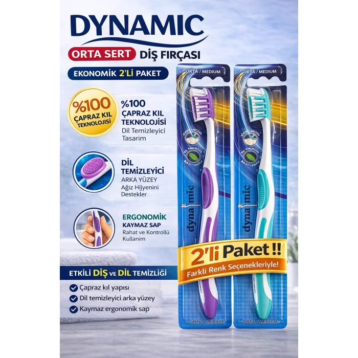 USLUCAN ALIŞVERİŞ Dynamic Orta Sert Diş Fırçası 2 Adet Medium Çapraz Kıl Teknolojili Dil Temizleyicili Ergonomik Saplı Diş Fırçası