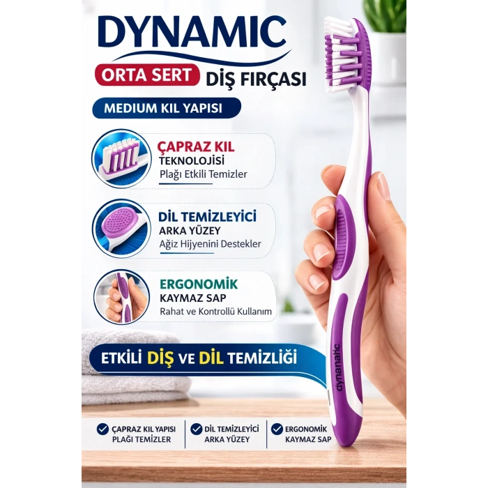 USLUCAN ALIŞVERİŞ Dynamic Orta Sert Diş Fırçası Medium Çapraz Kıl Yapılı Dil Temizleyicili Ergonomik Diş Fırçası 1 Adet