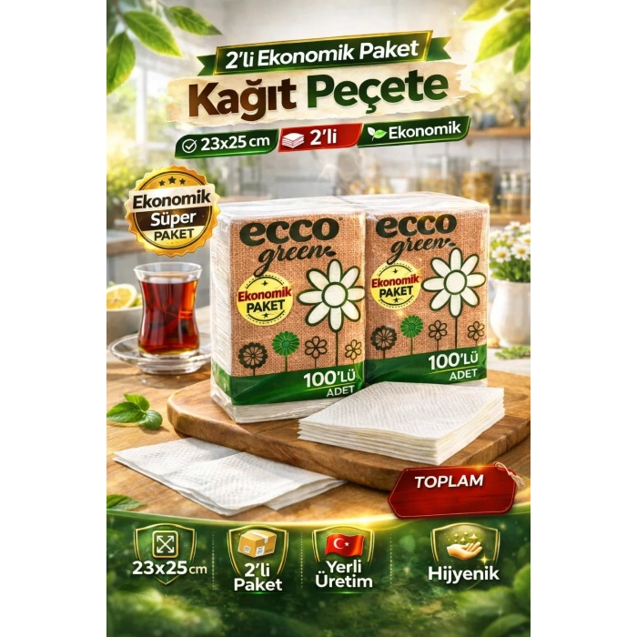 USLUCAN ALIŞVERİŞ Ecco Green Kağıt Peçete 100’lü 2 Adet 23x25 cm Ekonomik Paket