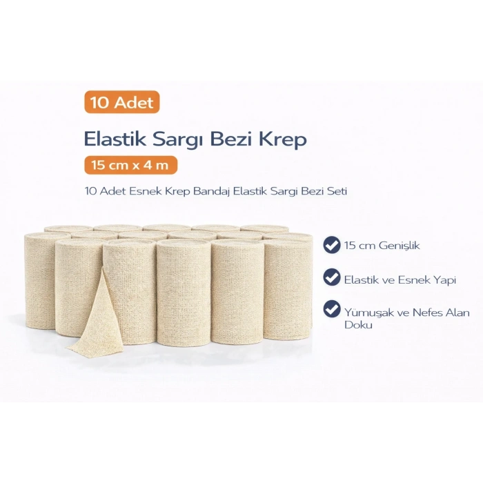 USLUCAN ALIŞVERİŞ Elastik Sargı Bezi Krep 15 cm x 4 m 10 Adet Esnek Krep Bandaj Elastik Sargı Bezi Seti