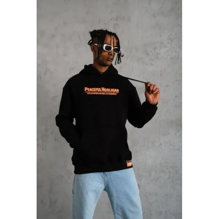 USLUCAN ALIŞVERİŞ Erkek Armalı Baskılı Kapüşonlu Sweatshirt - Siyah