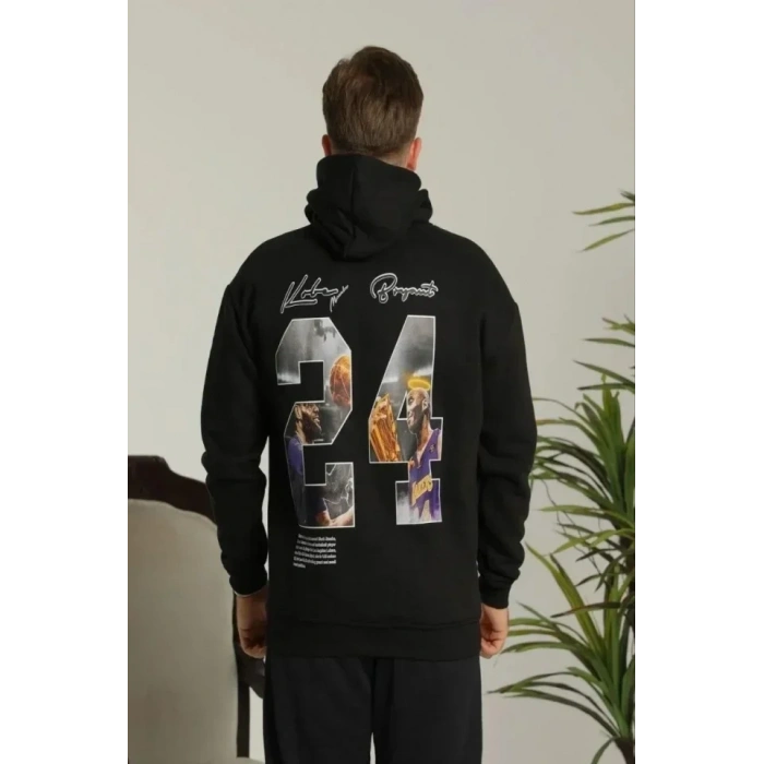 USLUCAN ALIŞVERİŞ Erkek Baskılı Oversize Üç İplik Kapüşonlu Sweatshirt - Siyah