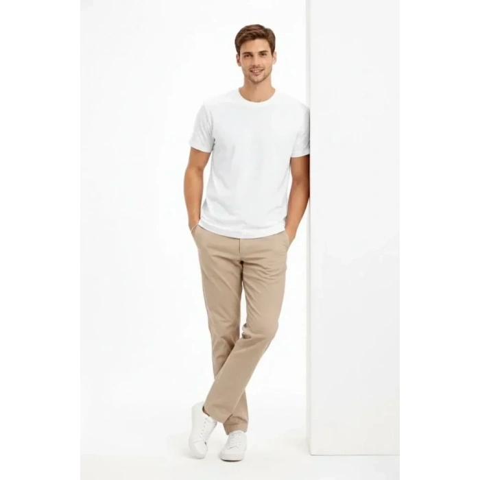 USLUCAN ALIŞVERİŞ Erkek Bisiklet Yaka Tişört Regular Kalıp Basic Pamuklu Günlük Kullanım T-shirt - Beyaz