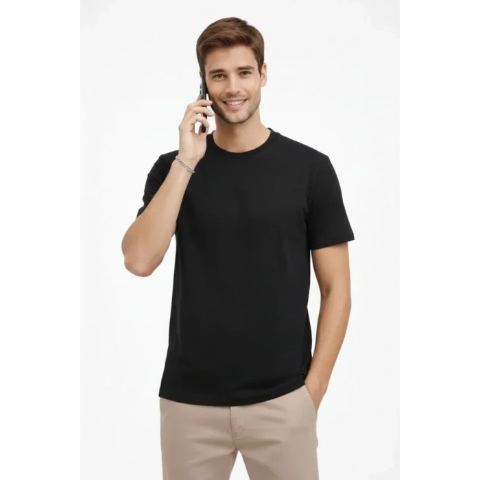 USLUCAN ALIŞVERİŞ Erkek Bisiklet Yaka Tişört Regular Kalıp Basic Pamuklu Günlük Kullanım T-shirt - Siyah