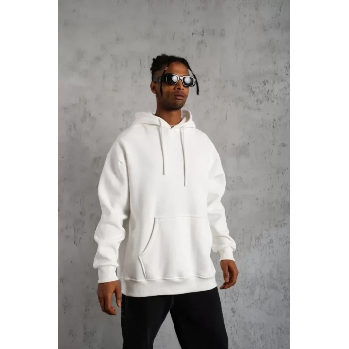 USLUCAN ALIŞVERİŞ Erkek Düz Kapüşonlu Sweat - Beyaz