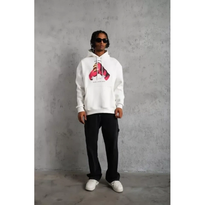 USLUCAN ALIŞVERİŞ Erkek Eldiven Baskılı Kapüşonlu Sweat - Beyaz
