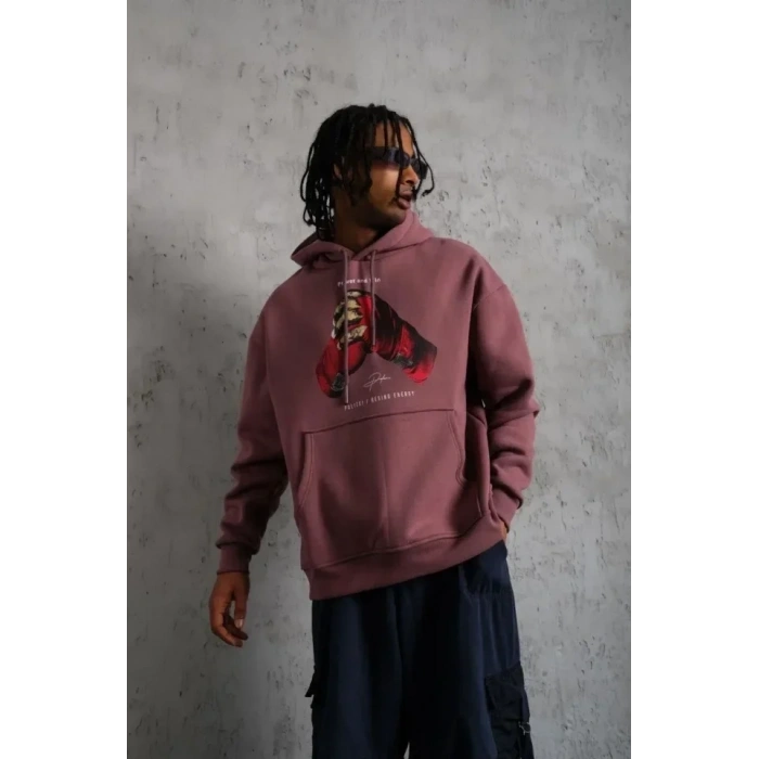 USLUCAN ALIŞVERİŞ Erkek Eldiven Baskılı Kapüşonlu Sweat - Gül Kurusu