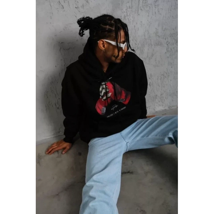 USLUCAN ALIŞVERİŞ Erkek Eldiven Baskılı Kapüşonlu Sweat - Siyah