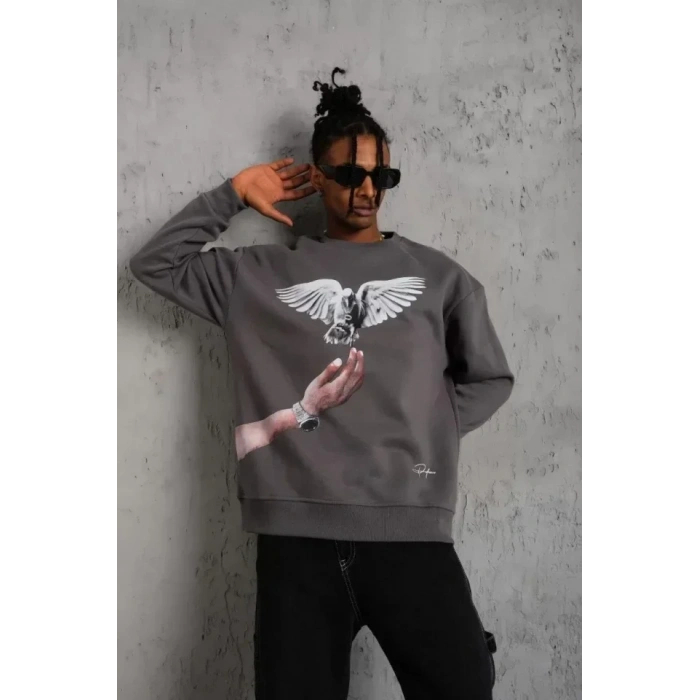 USLUCAN ALIŞVERİŞ Erkek Güvercin Baskılı Sweatshirt - Gri