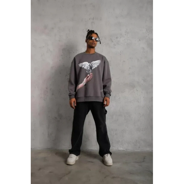 USLUCAN ALIŞVERİŞ Erkek Güvercin Baskılı Sweatshirt - Gri