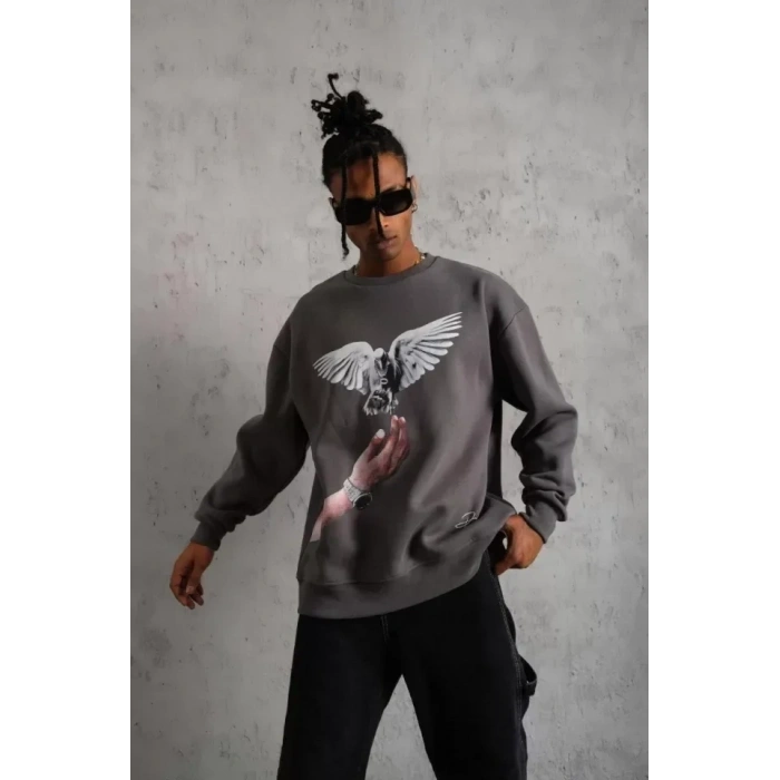 USLUCAN ALIŞVERİŞ Erkek Güvercin Baskılı Sweatshirt - Gri