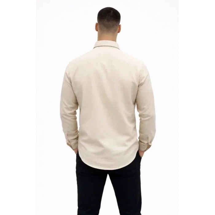 Erkek KETEN Kumaş Oversize Uzun Kollu Rahat Kalıp Gömlek - Bej