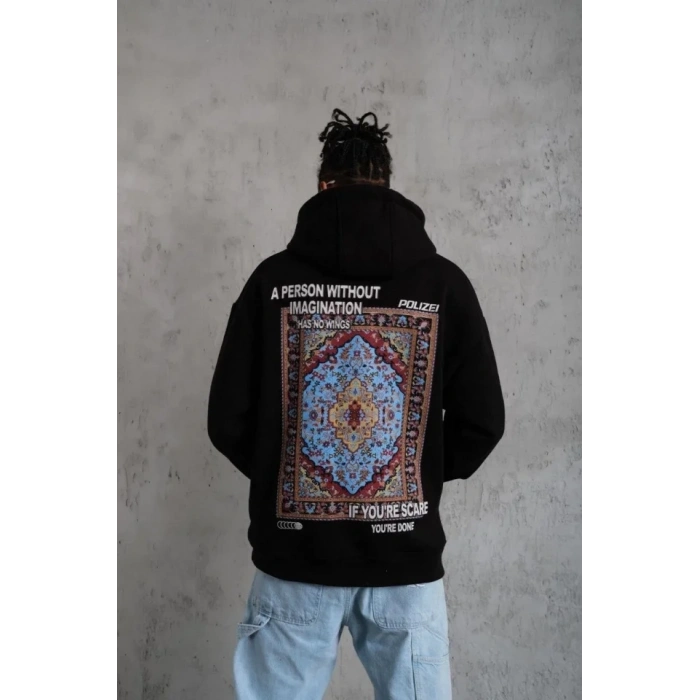 USLUCAN ALIŞVERİŞ Erkek Kilim Desen Kapüşonlu - Siyah