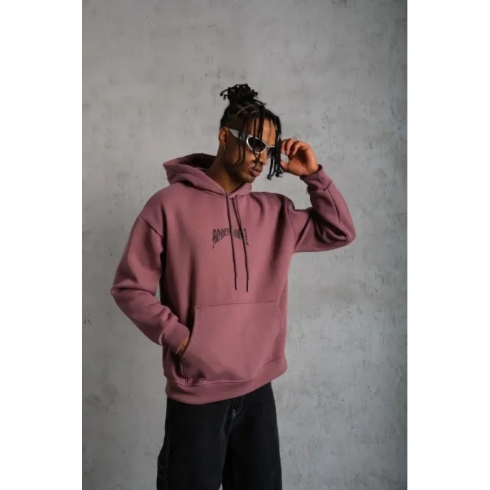 USLUCAN ALIŞVERİŞ Erkek Kordon İpli Baskılı Kapüşonlu Sweatshirt - Gül Kurusu