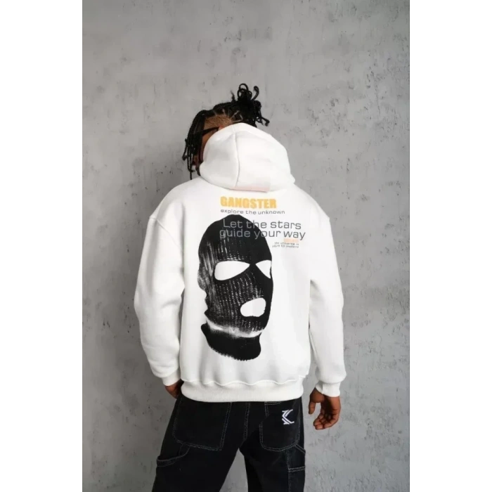 USLUCAN ALIŞVERİŞ Erkek Kordonlu Maske Baskılı Kapüşonlu Sweat - Beyaz