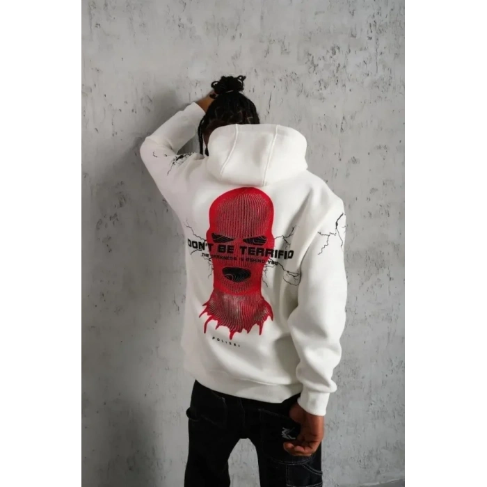 USLUCAN ALIŞVERİŞ Erkek Maske Baskılı Kapüşonlu Sweat - Beyaz