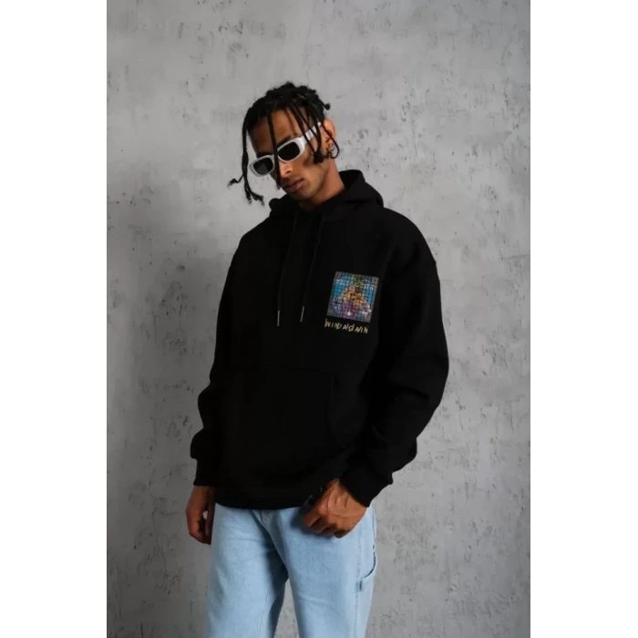 USLUCAN ALIŞVERİŞ Erkek Patel Six Baskılı Kapüşonlu Sweat - Siyah