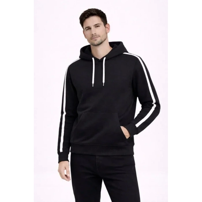 USLUCAN ALIŞVERİŞ Erkek Şeritli Kapüşonlu Sweatshirt Oversize 3 Iplik Pamuklu - Siyah
