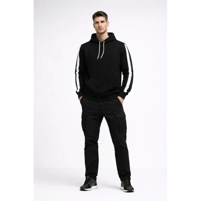 USLUCAN ALIŞVERİŞ Erkek Şeritli Kapüşonlu Sweatshirt Oversize 3 Iplik Pamuklu - Siyah