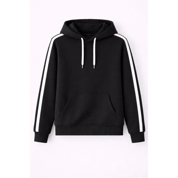 USLUCAN ALIŞVERİŞ Erkek Şeritli Kapüşonlu Sweatshirt Oversize 3 Iplik Pamuklu - Siyah