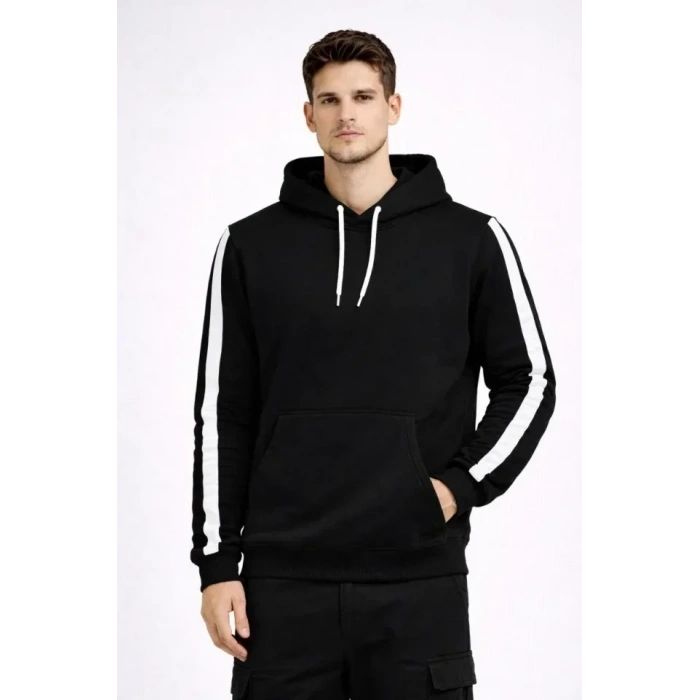 USLUCAN ALIŞVERİŞ Erkek Şeritli Kapüşonlu Sweatshirt Oversize 3 Iplik Pamuklu - Siyah