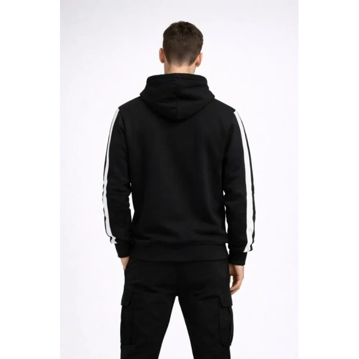 USLUCAN ALIŞVERİŞ Erkek Şeritli Kapüşonlu Sweatshirt Oversize 3 Iplik Pamuklu - Siyah