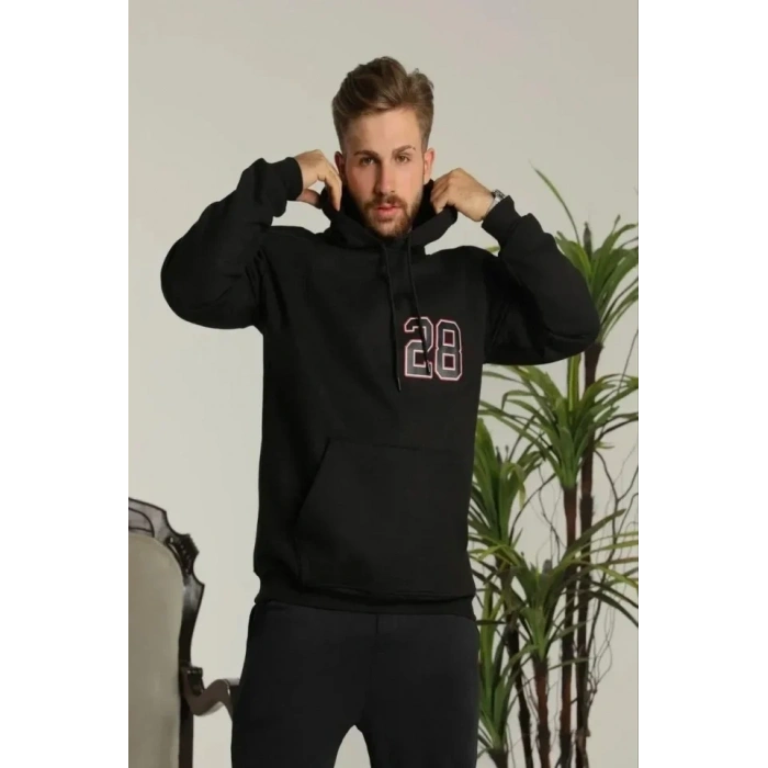 USLUCAN ALIŞVERİŞ Erkek Sırt Baskılı Oversize Üç İplik Kapüşonlu Sweatshirt - Siyah