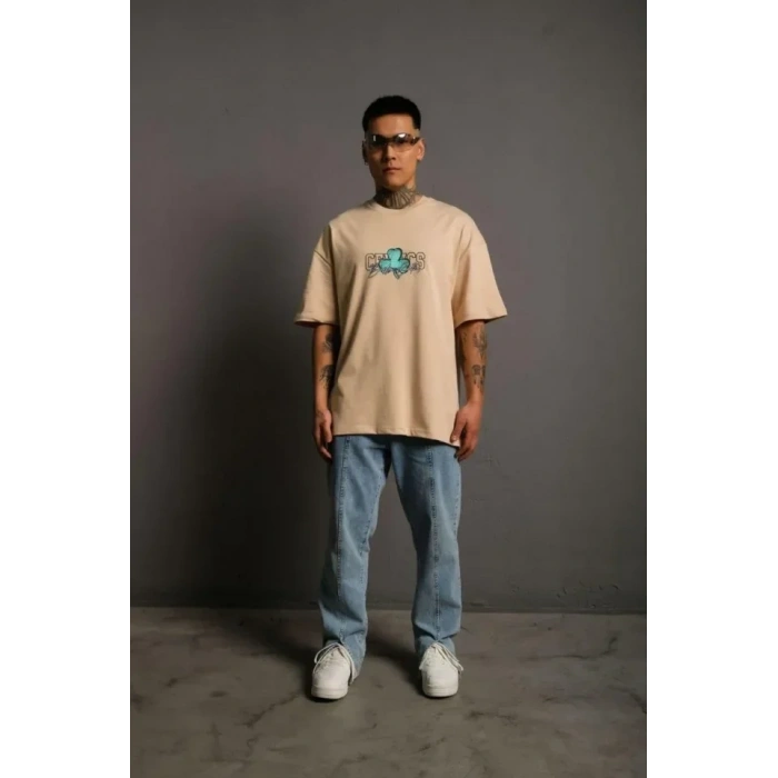 USLUCAN ALIŞVERİŞ Erkek Sırt Baskılı T-shirt - Bej
