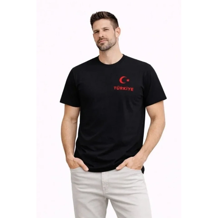 Erkek TÜRKİYE Ay Yıldız Baskılı Taraftar Forma T-Shirt - Siyah