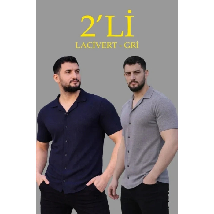 USLUCAN ALIŞVERİŞ Erkek Waffle Dokuma Açık Yakalı Düğmeli Regular Kalıp 2’li Gömlek Seti - Lacivert - Gri