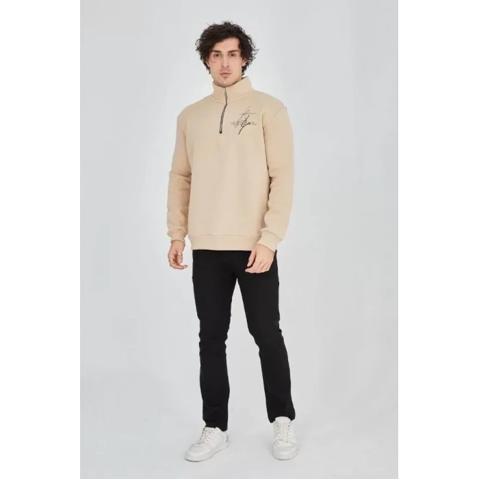 USLUCAN ALIŞVERİŞ Erkek Yarım Fermuarlı Baskılı Sweat - Bej