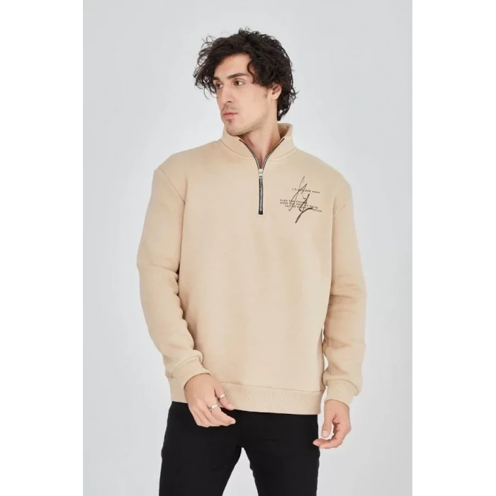 USLUCAN ALIŞVERİŞ Erkek Yarım Fermuarlı Baskılı Sweat - Bej