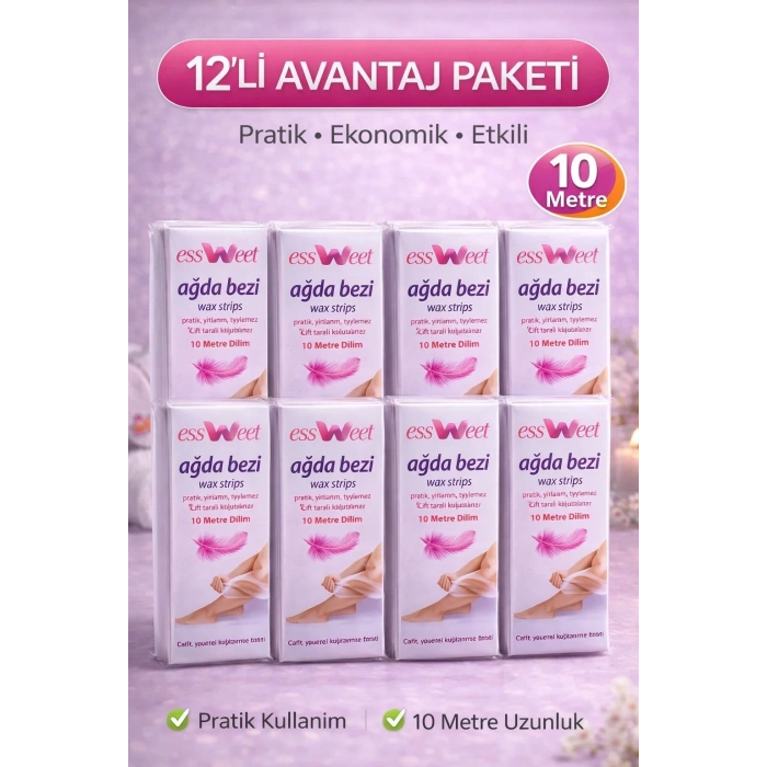 USLUCAN ALIŞVERİŞ Essweet Ağda Bezi 10 Metre Dilim Profesyonel Epilasyon Bezi Çift Taraflı Kullanım Yırtılmaz Dayanıklı Ağda Bandı 12 Paket