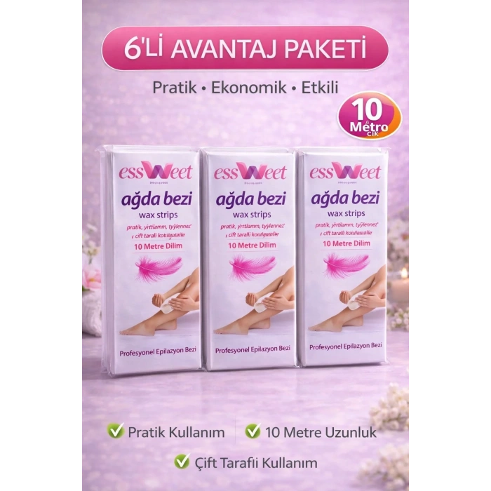USLUCAN ALIŞVERİŞ Essweet Ağda Bezi 10 Metre Dilim Profesyonel Epilasyon Bezi Çift Taraflı Kullanım Yırtılmaz Dayanıklı Ağda Bandı 6 Paket
