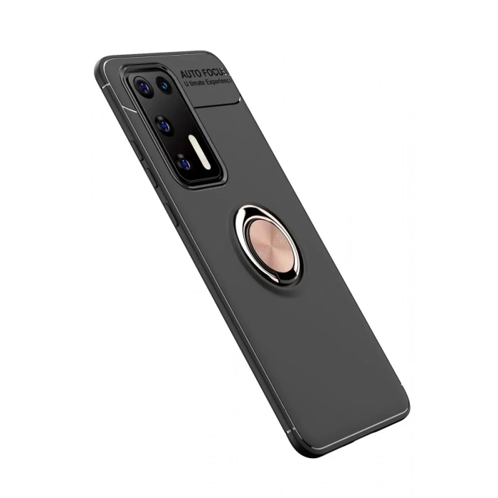 USLUCAN ALIŞVERİŞ Huawei P40 Kılıf Range Yüzüklü Silikon - Siyah-Gold
