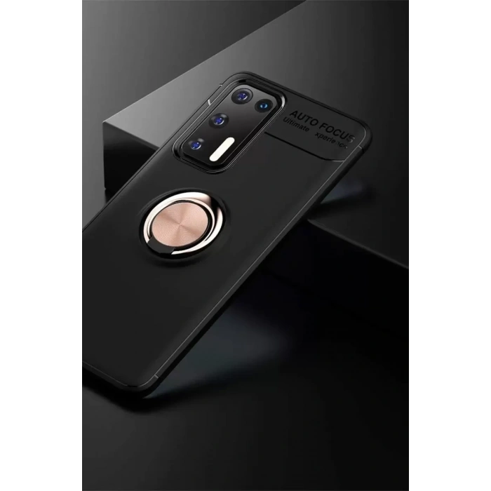 USLUCAN ALIŞVERİŞ Huawei P40 Kılıf Range Yüzüklü Silikon - Siyah-Gold