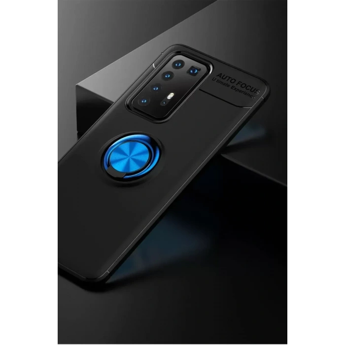 USLUCAN ALIŞVERİŞ Huawei P40 Pro Kılıf Range Yüzüklü Silikon - Siyah-Mavi