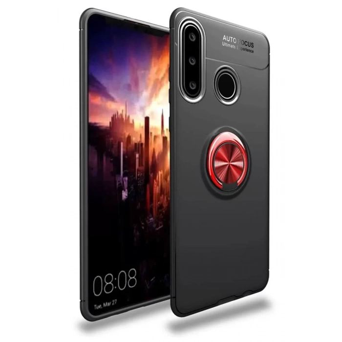 USLUCAN ALIŞVERİŞ Huawei Y6P Kılıf Range Yüzüklü Silikon - Siyah-Kırmızı
