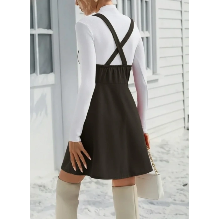 USLUCAN ALIŞVERİŞ Kadın Askılı Düğmeli Mini Süet Elbise