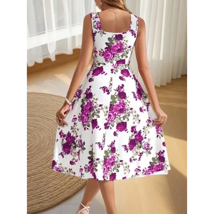 USLUCAN ALIŞVERİŞ Kadın Askılı Kare Yakalı çiçek Desenli Midi Dalgıç Elbise