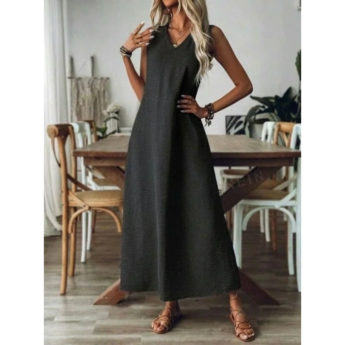 USLUCAN ALIŞVERİŞ Kadın Askılı V Yakalı Uzun Elbise