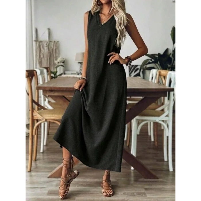 USLUCAN ALIŞVERİŞ Kadın Askılı V Yakalı Uzun Elbise