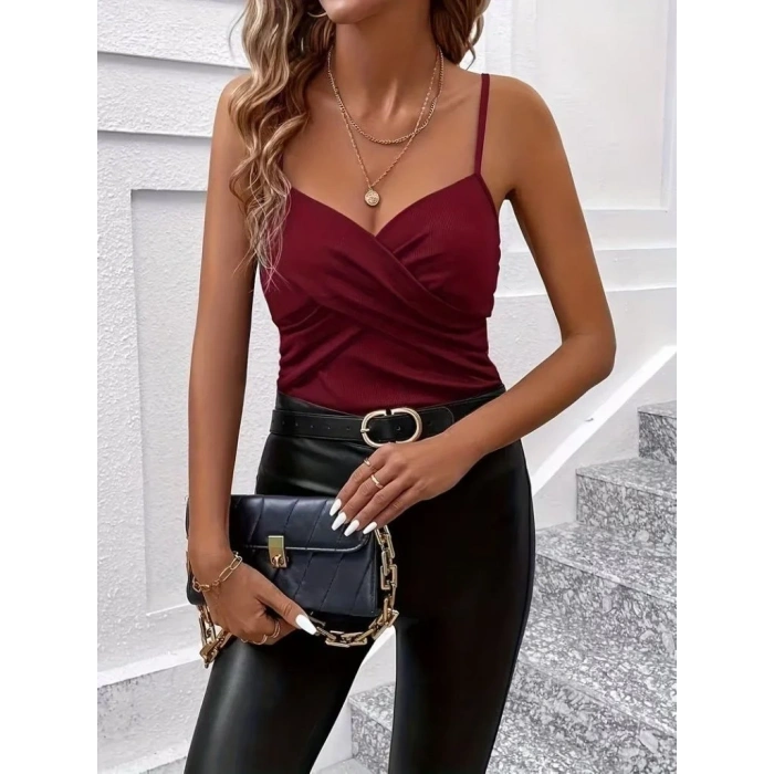 USLUCAN ALIŞVERİŞ Kadın Ip Askılı önden çapraz Detaylı Ithal Krep Bluz